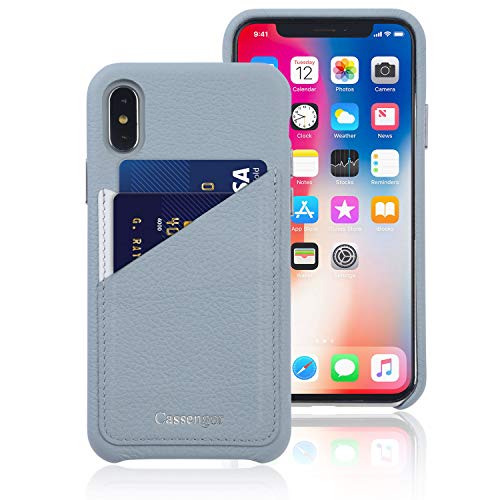 Cassenger Slim Fit Genuine Italian Leather Hard Back Case Protective Cover Snap On Case with 2 Card Holder Slots Compatible with iPhone Xs Max (2018 Release)-Sky