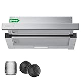 Soonye A+++ Flachschirmhaube Dunstabzugshaube 60cm Umluft mit Kohlefilter, 400 m³/h Luftstrom,Dunstabzug Unterbau Integrierte Einbau Flach Abluft Abzugshaube, Edelstahl Silber