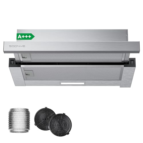Soonye A+++ Flachschirmhaube Dunstabzugshaube 60cm Umluft mit Kohlefilter, 400 m³/h Luftstrom,Dunstabzug Unterbau Integrierte Einbau Flach Abluft Abzugshaube, Edelstahl Silber
