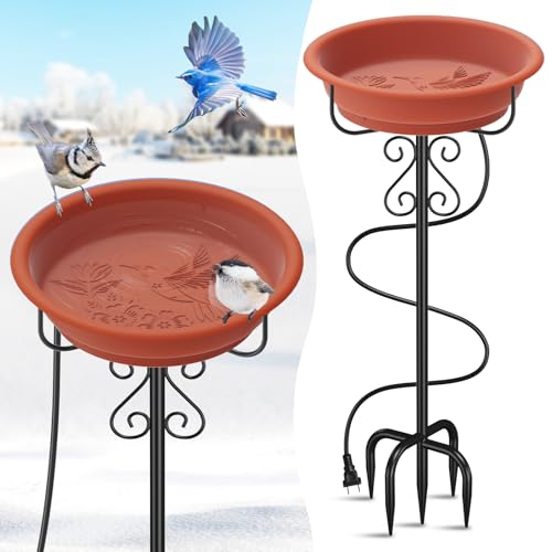 TUSPEU Heated Bird Baths for Outdoors,Large Capacity 100W Thermostat Control Heated Birdbath with 5-Prong Metal Base Water Heated Bird Bath Bowl for Outside Winter Garden Patio Yard Lawn (Brown)