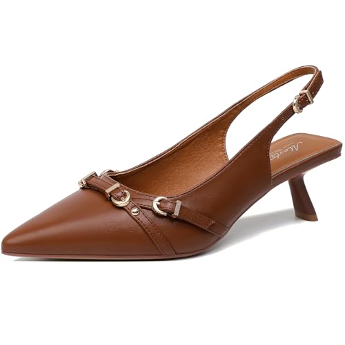 Image of Mostrin Kitten Heels for Women Pointed Toe Pumps Patent Leather Low Heel Slingback Heels with Buckle Dress Shoes for Dating Party Working
