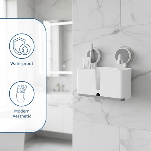 Image of Amazon Basics Toothbrush and Bathroom Organiser | Wall-Mounted | Self-Adhesive with Drain Tray | White | Plastic | 21L x 8W x 19H cm