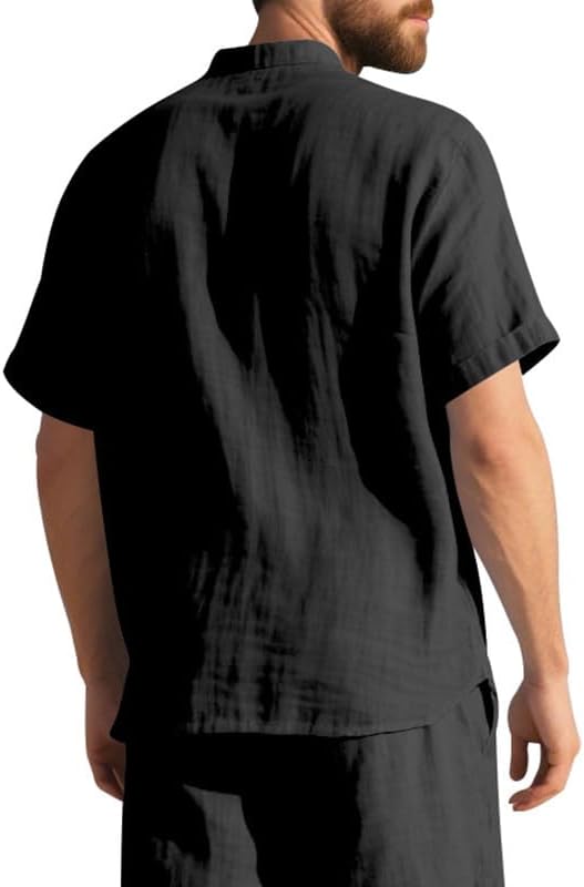 Men's Cotton-Linen Shirt - Short Sleeve Button Down Breathable Business Casual Shirt with Pocket for Vacations - Image 2