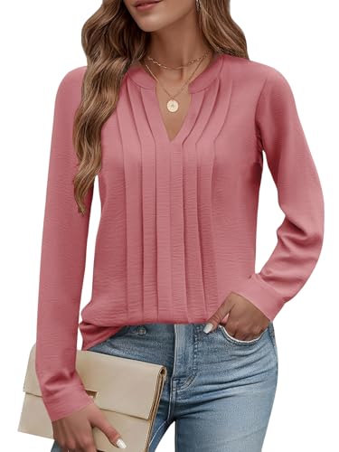 Cuptacc Womens Blouses Long Sleeve V-Neck Tunic Tops Women Fall Elegant Chiffon Business Work Clothes Dark Pink, XX-Large XXL 24-26