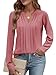 Cuptacc Blusa Mujer Manga Larga Cuello en V Camisa Mujer Color Sólido Suelta Camisetas Boho Tops Rosa Oscuro, Large L 42-44