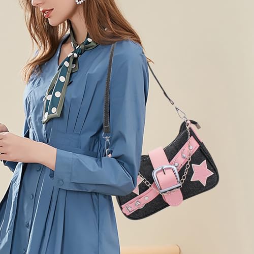 Denim y2k Purses for Women, Star Casual Chain Handheld Small Shoulder Bag with 2 Straps, Three Carry Methods Rock Style
