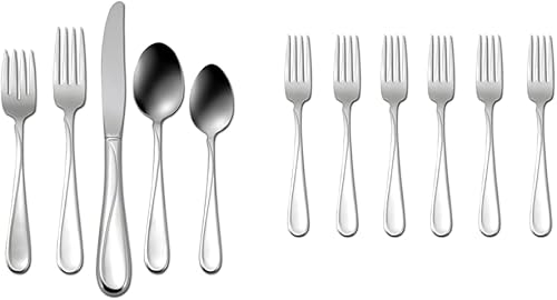 Oneida Flight - Juego de cubiertos de acero inoxidable de 45 piezas, servicio para 8 y tenedores de cena, juego de 6