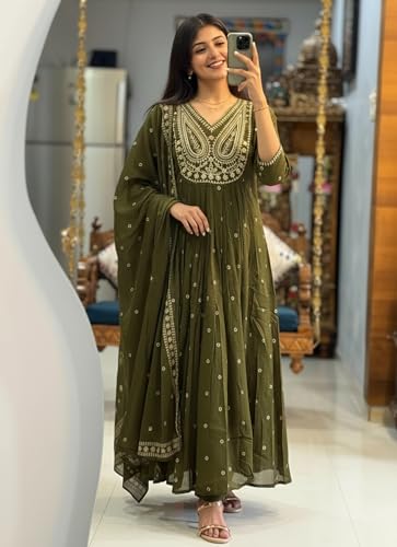 Image of ANNI Designer Women's Rayon Viscose Printed Embroidered Anarkali Kurta with Pant & Dupatta | Ethnic Kurti Set with Embroidery | Soft Comfortable Fabric | Stylish Outfit for Festive, Office