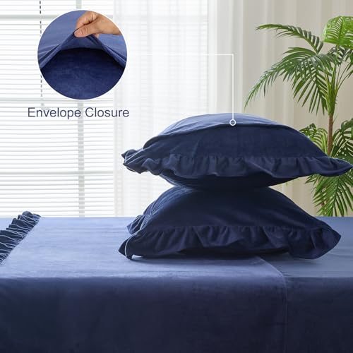Image of Velvet Plush Flannel Sheet Set - Full Size 4-Piece - Ruffled Edge Design, 16 Inch Deep Pocket, Anti-Pilling & Fade Resistant - 220 GSM Breathable Luxury All-Season Bedding, Navy