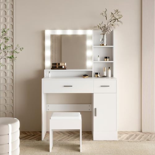 Vanity Table with Lighted Mirror and Stool White Makeup Desk with Storage Shelves Cabinet and Drawers 100x40x142cm