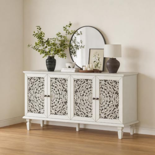 Image of White Sideboard Cabinet with Carved Doors, White Buffet Cabinet, Vintage Cabinet with Doors and Shelves, Farmhouse Storage Cabinet for Dining Room, Living Room & Entryway