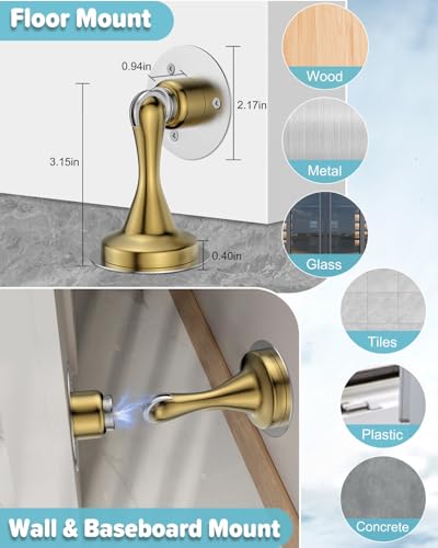 Image of Magnetic Door Stopper for Bottom of Door Catch, Heavy Duty Magnets Door Stops Holder to Keep Door Open, No Drill Strong Adhesive & Screws, Wall & Floor Mounting Stainless Steel Doorstop 2 Pack Gold