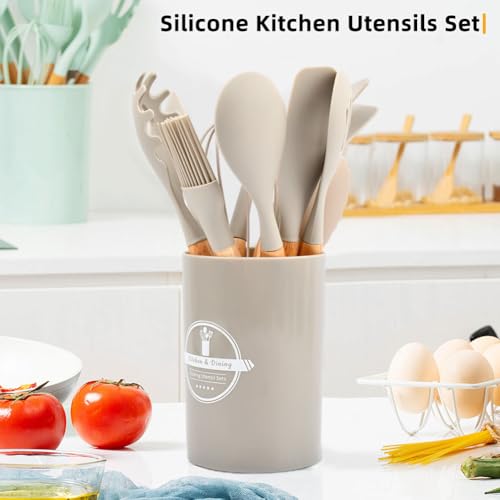 Küchenhelfer Set, Silikon Küchenutensilien Set, Antihaft Hitzebeständiger Holzgriff Kochbesteck mit Utensilienhalter, Spachtel Set, Kochlöffel,12-teilig(Khaki)
