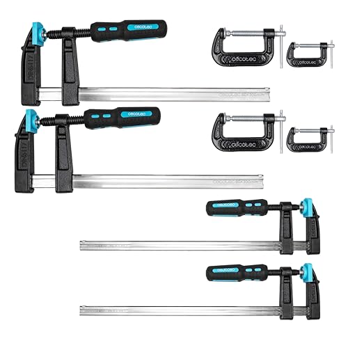 Cecotec Sargentos de Barra 8 Piezas StrongComfort 4400 Force. Presión hasta 300kg, Normativa DIN 5117, Barras de Acero Endurecido, Mango Bimaterial Antideslizante, 4 Abrazaderas de Presión Incluidas