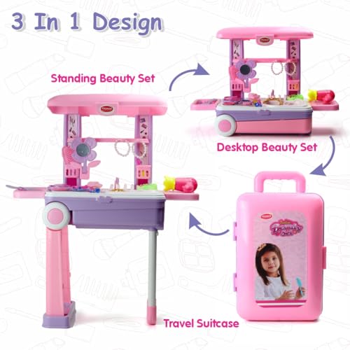Image of Aditi Toys Beauty Set Suitcase On Wheel, The Ultimate Beauty Set On Wheels for Girls, Makeup Kit is Easy to Clean & Use, Portable Set with 23 Pieces for 3 Years BIS Approved. (Trolley)