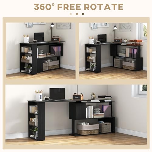 HOMCOM L Shaped Desk, Corner Computer Desk, 360 Degree Rotating Home Office Desk with Storage Shelves, Writing Table Wor