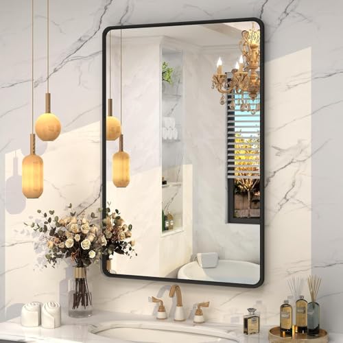 Image of The Artment your artistic apartment Streamline Rectangle Wall Mirror | HD Glass | Metal Frame | Wall-Mounted | Elegant Design for Bedroom, Bathroom, Hallway, Entryway | Black (56 CM)
