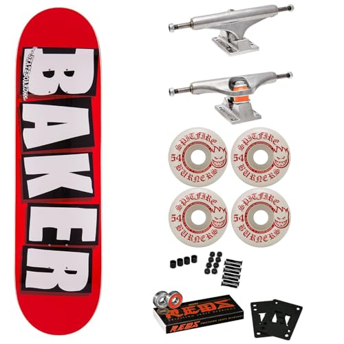Baker Skateboard Complete Logo Red/White 8.125 with Independent Trucks Spitfire Wheels Bones Reds Bearings Hardware and Griptape
