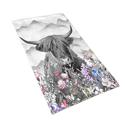 Varun Long Hand Towels Farmhouse Highland Cow Cattle With Flowers Ultra Soft Towel Mountain Nature Landscape Painting Absorbent Luxury Towels For Bathroom Hotel Gym And Spa 27.5X15.7In #TOP1