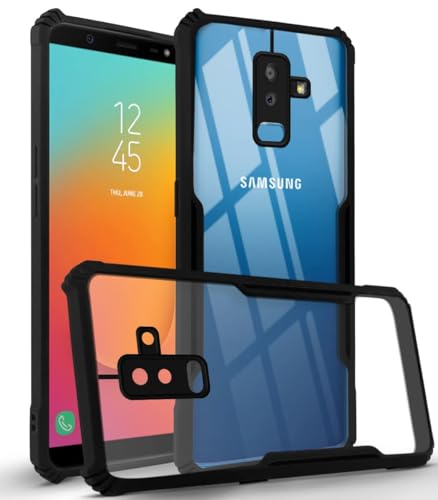 Image of Jkobi Back Case Cover for Samsung Galaxy A6 Plus (Polycarbonate with Shockproof Clear Panel | Crystal Glass Back | Camera Protection | Black)