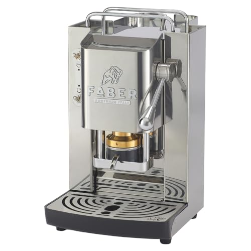 FABER COFFEE MACHINES | Deluxe 3.0 | Cafetera ESE de 44 mm con válvula magnética, soporte para cápsulas extraíble, bidón de cristal de 1 l y prensa para cápsulas de latón ajustable (acero inoxidable