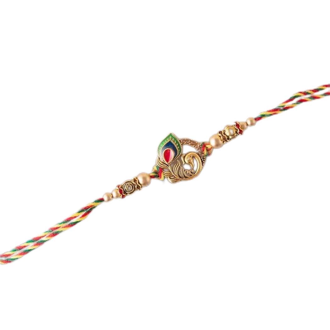 eCraftIndia Golden Peacock Colorful Feathers Designer Rakhi with Roli Pack - Rakhi for Brother, Bhaiya, Bhai-image-20