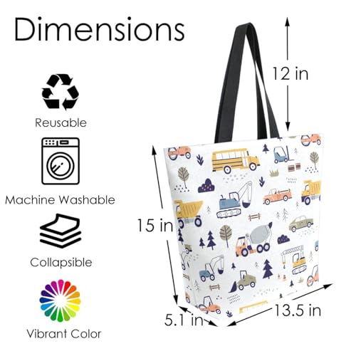 Cartoon Car Vehicle Printed Canvas Tote Bag for Women with Zipper Pocket Reusable Grocery Shopping Bags Large Travel Shoulder Bag Handbag Bags4