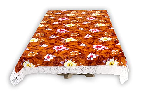Image of The Furnishing Tree Waterproof PVC Rectangle Shaped 2 Seater Table Cover WxL 45x70 inches Floral Pattern Orange with White Border lace
