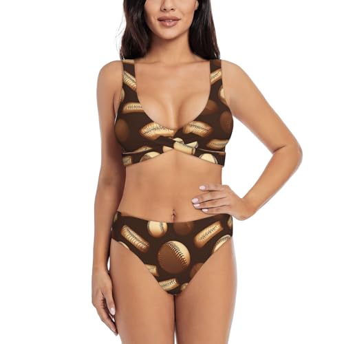 Maillot de bain 2 pièces rétro pour femme, ensemble de bain gainant imprimé baseball marron.