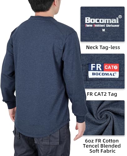 Image of BOCOMAL FR Shirts for Men Long Sleeve EX Soft Flame Resistant Henley CAT2 | NFPA2112 6oz Midweight Cotton Knit Heather Series,Moisture-Wicking /Breathable,Chest Pocket,Rib-Knit Cuffs,Summer Work T Shirt