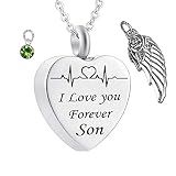 Daesar Collares Grabados Personalizados,Colgante Cenizas Mascota,Corazón con ala de Ángel Piedra del Zodíaco y ECG Grabado I Love You Forever Son Agosto Verde Claro