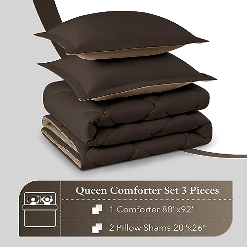Image of downluxe Queen Comforter Set - Brown and Tan Queen Comforter, Soft Bedding Sets for All Seasons -3 Pieces - 1 Comforter (88 inchx92 inch) and 2 Pillow Shams(20 inchx26 inch)