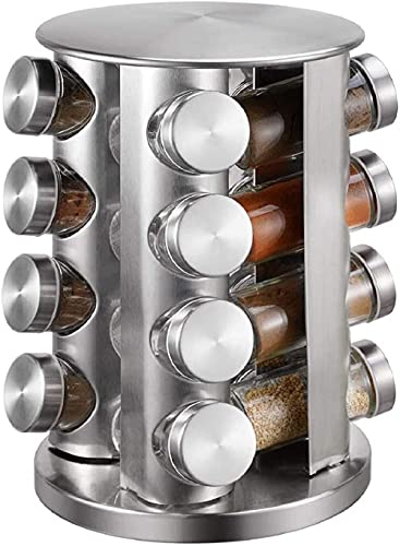 MYVVKIA Estante para Especias, 16 tarros de Cristal, Estante para Especias de Acero Inoxidable, carrusel Giratorio de 360 ° para Almacenamiento de Especias, Cocina, Barbacoa