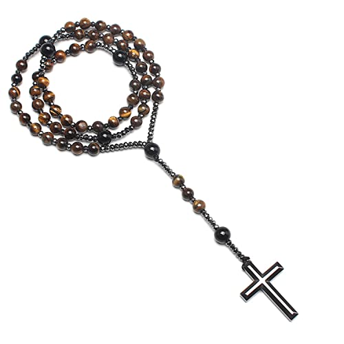 Rosary for Men, Cross Necklace for Men, Tiger Eye Black Obsidian Rosary Beads for Women, Rosarios Catolicos4