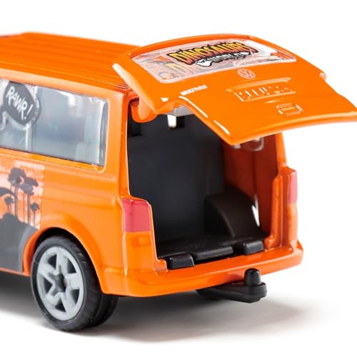 SIKU 1070, VW T5 Multivan avec Autocollants Dino, Métal/Plastique, Orange, Hayon arrière ouvrable, Attelage de remorque (Lot de 2)