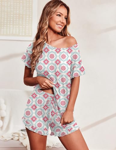 Image of Ekouaer Women's Pajama Set Ruffle Sleeves Top and Short | 2 Piece Ruffle Hem Sleeves Top and Shorts Pjs Set, Soft Short Sleepwear Set, Elastic Waistband Design