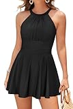 SHEKINI Womens Elegant One Piece Swimdress High Neck Swim Dress Ruched Swim Skirt (Black, Small)