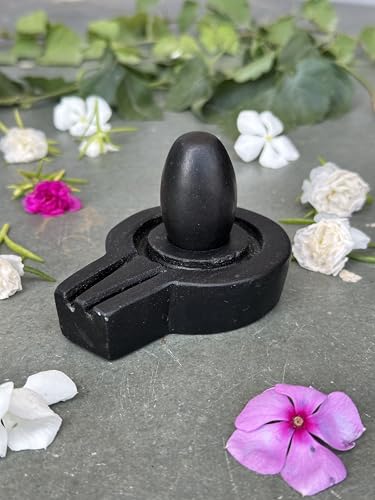 Image of Shivam VASTU AKAL 1.5 inch Original Narmadeshwar Narmada Shivling with 3 inch Narmada Stone Yoni Base Jaladhari (Black Shivling, Black Flate Jaladhari)