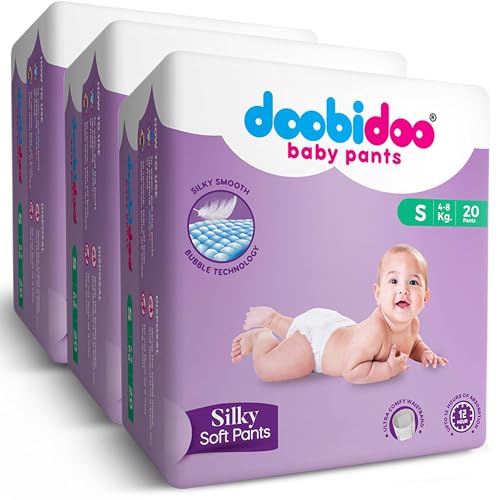 Image of Doobidoo Silky Soft Baby Pants Diapers - Small Size (Pack of 3, 60 Count) - All Round Softness with Bubble soft Top sheet and Anti leak side cuffs (4-8 kgs)