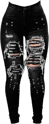 JEKE-DG Women's Ripped Hole High Waist Denim Skinny Destroyed Ankle Jeans Butt Lifting Stretch Distressed Trousers