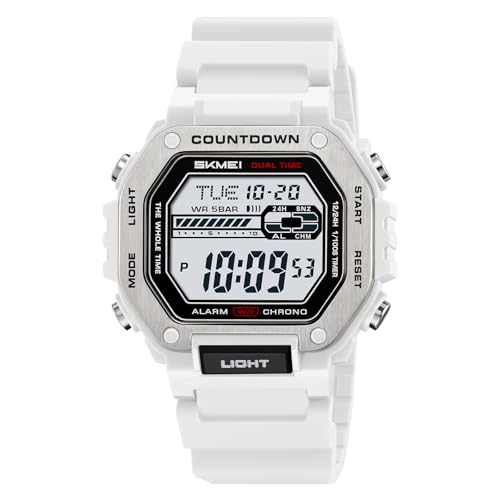 SKMEI Men's Military Digital Sports Watches Waterproof Womens Watches with Luminous Alarm Big Face for Outdoor(White)