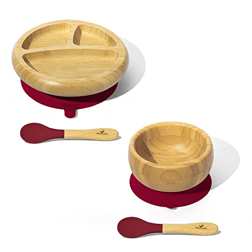 Maven Gifts: Avanchy Baby Feeding Gift Set – Bamboo Stay Put Suction Bowl with Spoon, Blue, and Bamboo Stay Put Suction 3-Section Plate with Spoon, Blue– Ages 6 Months and Up