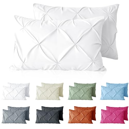 VACVELT Pintuck Pillow Cases Standard Size Set of 2, White Pillow Shams Decorative Pillowcases with Envelope Closure, Pinch Pleated Microfiber Pillowcases, Wrinkle and Stain Resistant