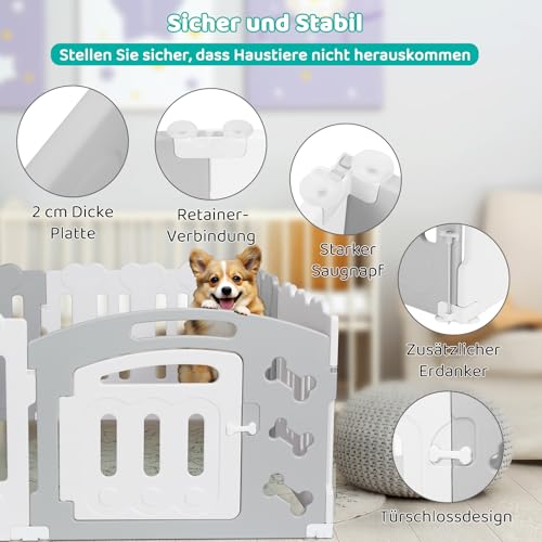 MAMIZO Welpenauslauf 60CM Hoch Welpenlaufstall, Laufstall Hund 7+1 PCS Platten, Plastik Welpenzaun, Hundeauslauf mit Tor, Inkl. Saugnäpfe & Erdanker, Drinnen Hundelaufstall für Wohnung, Grau-Weiß