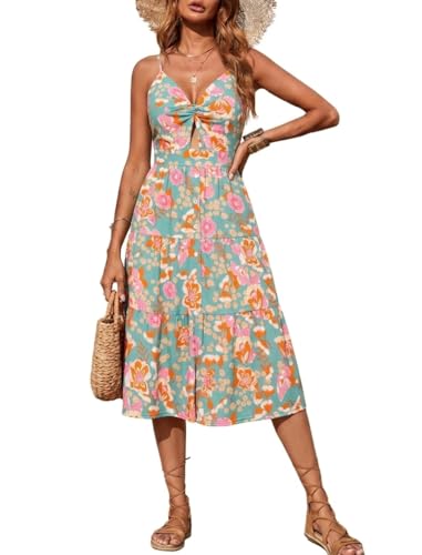 Image of Angashion Women's Dresses-Summer Floral Bohemian Spaghetti Strap Button Down Swing Midi Dress