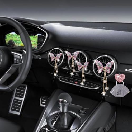 Image of Pink Butterfly Air Vent Clips, 4 Pcs Bling Butterfly Air Fresheners Vents Clips Diamond Car Interior Decor Bling Cute Car Accessories Decoration for Women+ Heart Mask Hook