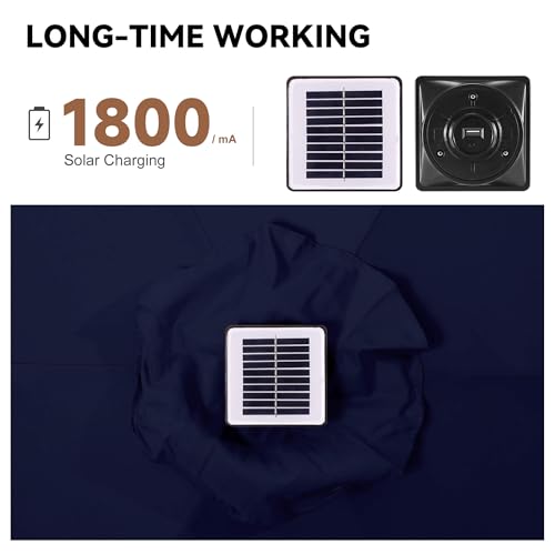 Image of 10ft Solar Patio Umbrella - Outdoor Umbrella with Centre Surround Light 24 LED Lights, Market Table Umbrella with Tilt for Pool, Porch, Garden, Deck, Backyard UV Protection (Navy Blue)