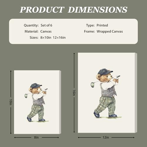 6 Pcs Vintage Teddy Bear Nursery Golf Wall Art Sage Green Kids Sports Wall Decor Pictures Vintage Cars Canvas Posters Prints for Boys Kids Toddler Room Home Decoration 8x10 in by UDGFPLED - Used condition - Image 2