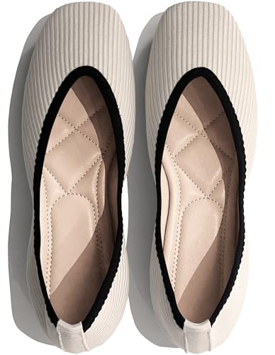 REFRASE LIFE Women's Flats Shoes Square Toe, Comfortable Ribbed Ballet Flats with Black Trim, Dressy Slip-On Casual Flats for Everyday Wear, Lightweight and Breathable