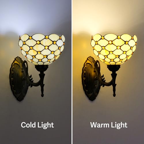 Image of Tiffany Style Wall Sconce Amber White Pearls Stained Glass Bedside Lamp with Classic 8 Inches Lampshade for Bedroom Hallway Living Room Home Office